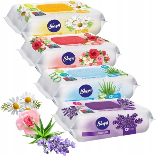 SLEEPY MIX ALOES RÓZA RUMIANEK LAWENDA CHUSTECZKI NAWILŻANE 4x120 szt.