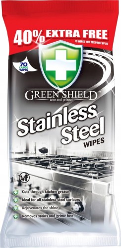 GREEN SHIELD CHUSTECZKI NAWILŻANE CZYSZCZENIE STAL NIERDZEWNEJ OKAPÓW 70SZT