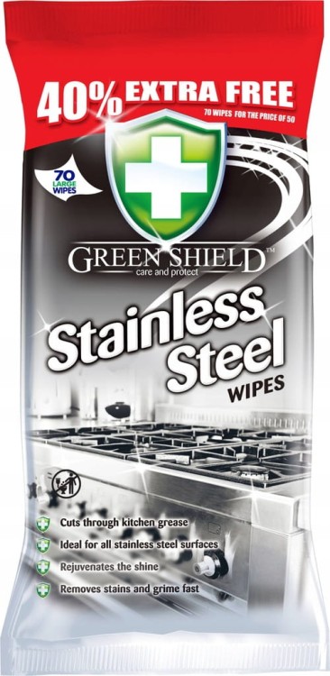 GREEN SHIELD CHUSTECZKI NAWILŻANE CZYSZCZENIE STAL NIERDZEWNEJ OKAPÓW 70SZT