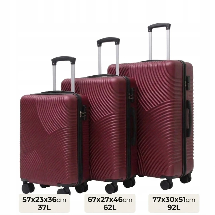 WALIZKA 3W1 KOMPLET PODRÓŻNA KÓŁKA BAGAŻ MOCNA ABS BURGUNDY