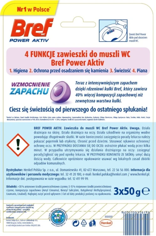 Bref WC Power Aktiv - Zawieszka do muszli WC o zapachu lawendy 3 x 50 g